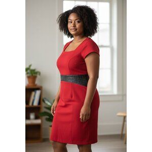 Red Knee-Length Dress With Black Waist Accent